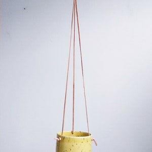 Yellow Hanging Pot Genuine leather flat cords Cylinder flower vase/pot/planter freckles / spots body pastel colour image 9