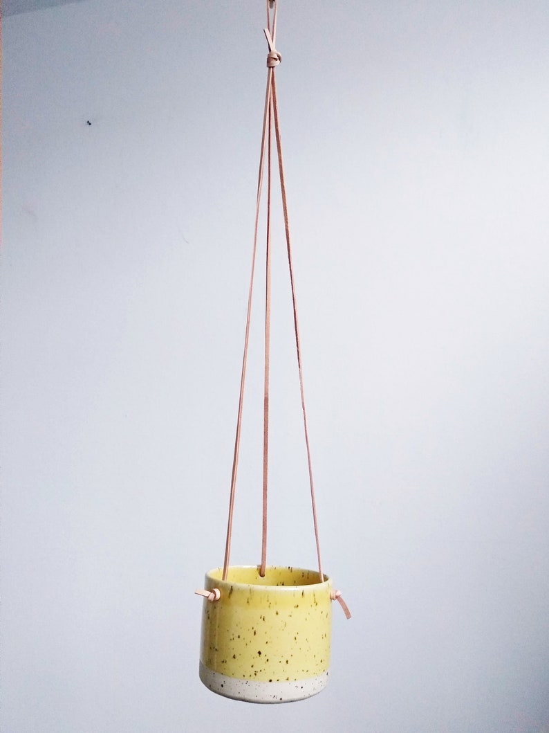 Yellow Hanging Pot Genuine leather flat cords Cylinder flower vase/pot/planter freckles / spots body pastel colour image 9