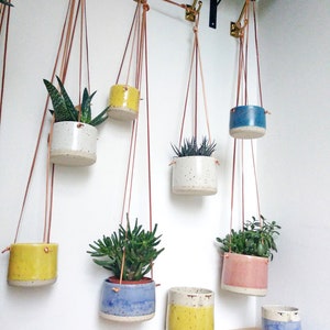 Yellow Hanging Pot Genuine leather flat cords Cylinder flower vase/pot/planter freckles / spots body pastel colour image 3