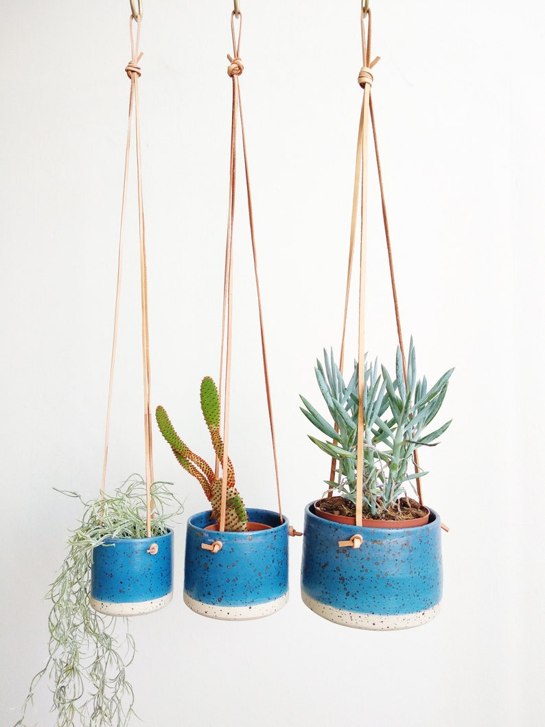 Dark Blue Hanging Pot Genuine leather flat cords Cylinder Etsy