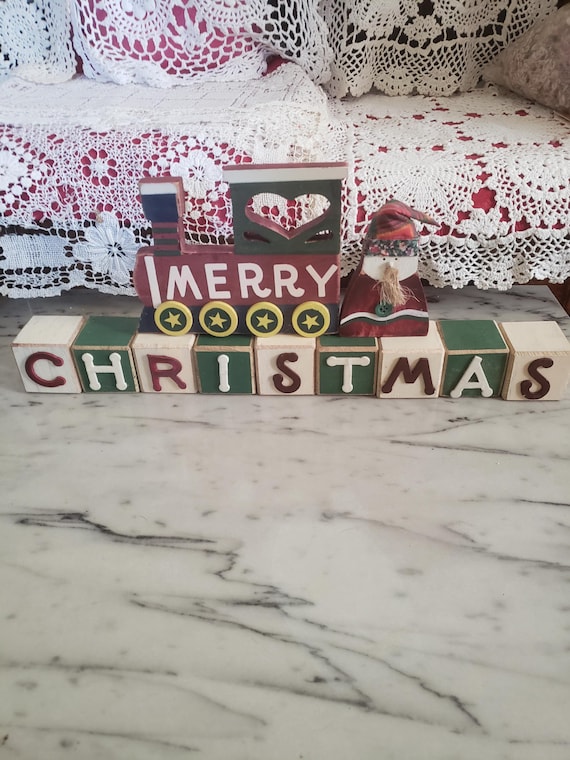 Vintage Wood Christmas Decoration: Train, Letter Blocks & Santa