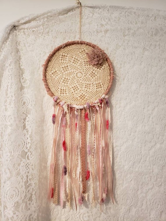 Boho Dream Catcher: Pink Vintage Doily, Aromatherapy Decor