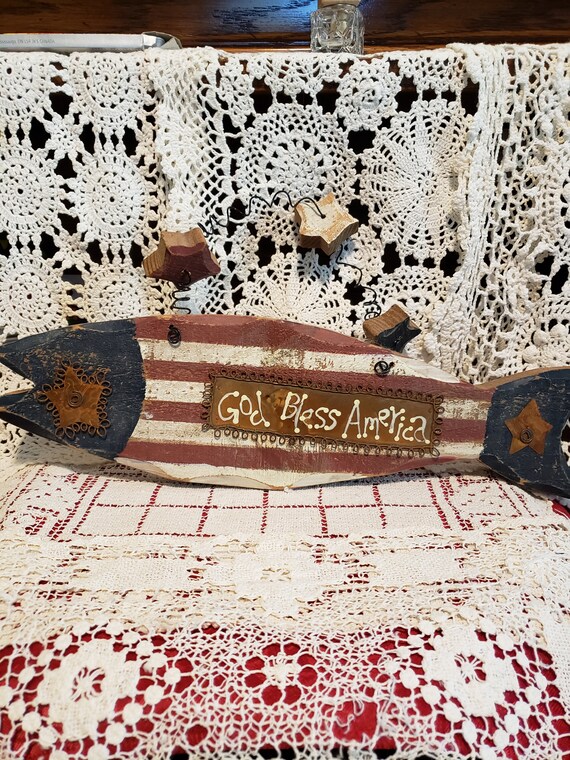 Rustic Americana Fish Decor: God Bless America Folk Art