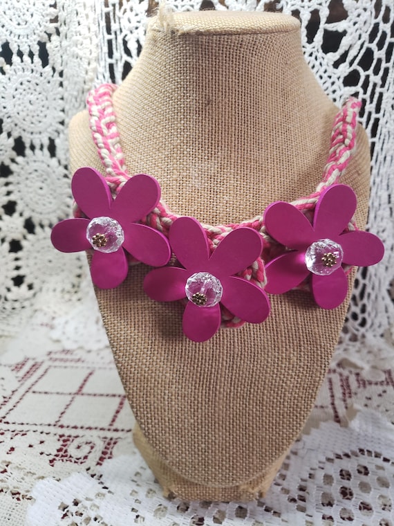 Handmade Hippie Necklace: Pink Wood Flowers, Crystal Beads, Aromatherapy