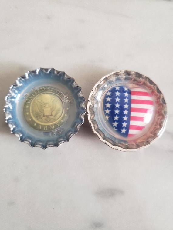 Military Bottle Cap Magnets: Army & USA Heart, Upcycled Fridge Decor