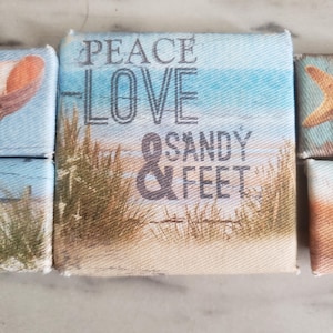 May include: A small canvas wall art with a beach scene and the text "Peace Love & Sandy Feet". The canvas is beige with a blue sky and brown sand. The text is in black.