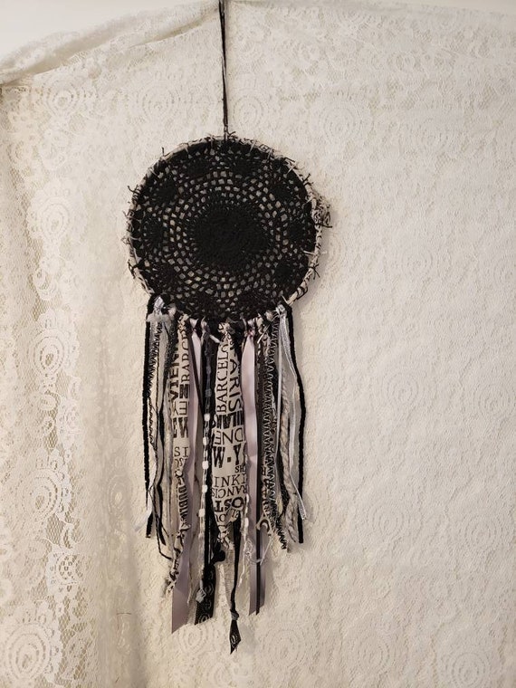 Boho Dream Catcher: Black Doiley, Recycled Fabric, Aromatherapy Decor