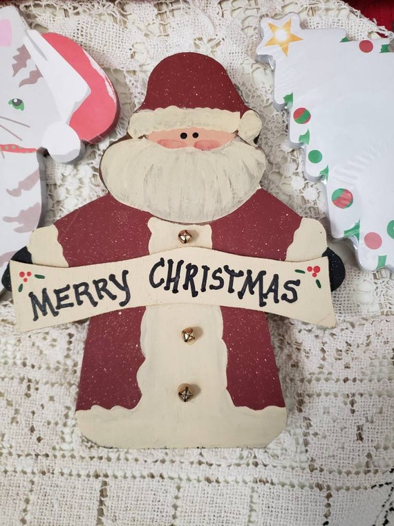 Country Christmas Decor: Wood Santa & Paper Magnets Set