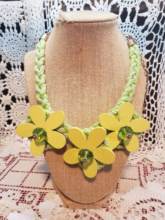 Funky Chunky Flower Necklace: Wood, Bead & Yarn, Adjustable Costume Jewelry