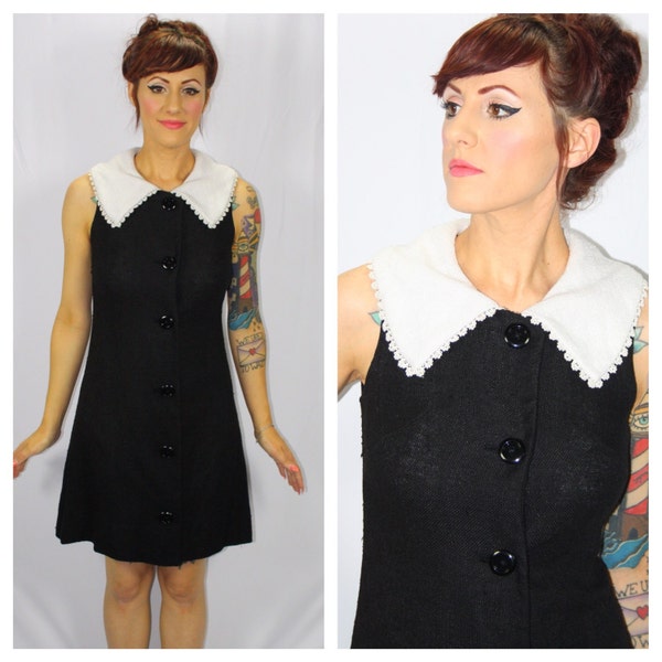 LITTLE BLACK DRESS Classic Vintage Stacey Ames 1960's Black Mod Dress With White Collar