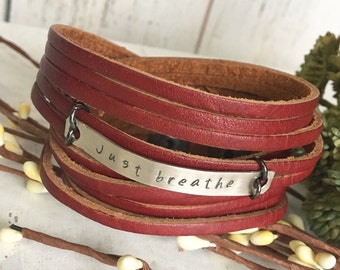 Red Leather Adjustable Double Wrap Bracelet Bronze Hand Stamped "Just Breathe"