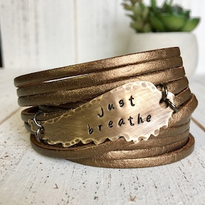Bronze Metal Stamped "Just Breathe" Shredded Leather Double Wrap Adjustable Bracelet