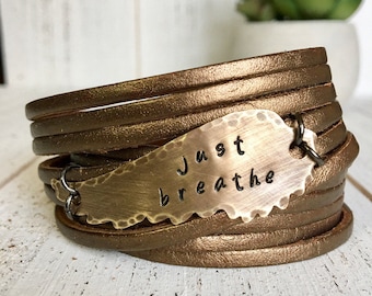 Bronze Metal Stamped "Just Breathe" Shredded Leather Double Wrap Adjustable Bracelet