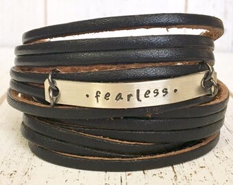 Black Leather Adjustable Double Wrap Bracelet Hand Stamped with "Fearless"