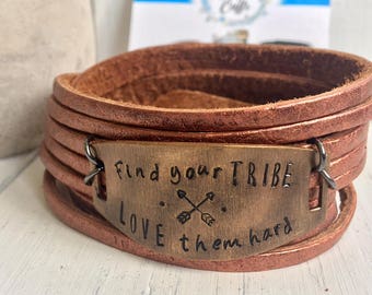 Personalize Copper Colored Leather Wrap & Bronze Shield Double Wrap Adjustable Bracelet