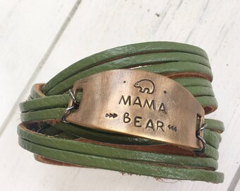 Mama Bear Hand Stamped Leather Wrap & Bronze Shield Double Wrap Adjustable Bracelet