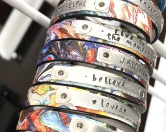 NEBULA Inspiring Hand Stamped Personalized Skinny Leather Adjustable Bracelet