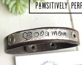 DOG MOM Hand Stamped Skinny Leather Adjustable Bracelet in 24 colors!