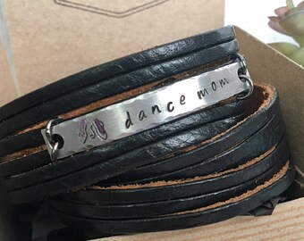 Dance Mom Metal Stamped Black Shredded Leather Double Wrap Adjustable Bracelet