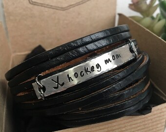 Hockey Mom Black Leather Adjustable Double Wrap Bracelet