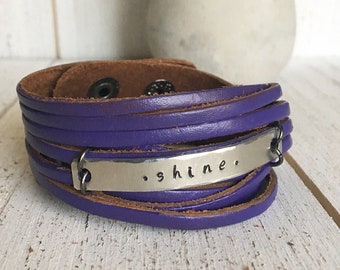 Purple 'Shine' Double Leather Adjustable Wrap Bracelet