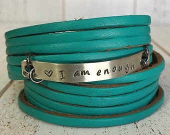 I AM ENOUGH Teal Leather Adjustable Double Wrap Bracelet