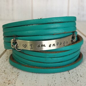 I AM ENOUGH Teal Leather Adjustable Double Wrap Bracelet