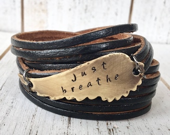 Angel Wing "Just Breathe" Black Shredded Leather Adjustable Double Wrap Bracelet