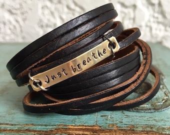 Black Leather Adjustable Wrap Bracelet "Just Breathe" Metal Stamped