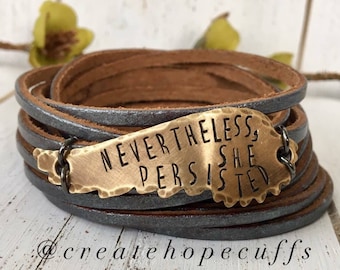 Nevertheless She Persisted Angel Wing Hand Stamped Pewter and Brown Leather Adjustable Wrap Bracelet