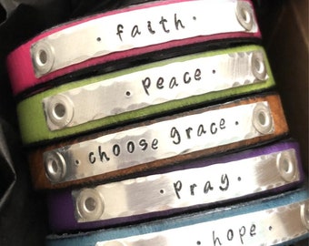 Inspiring Hand Stamped Personalized Skinny Leather Adjustable Bracelet in 24 colors!