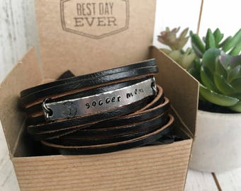 Soccer Mom Black Leather Adjustable Double Wrap Bracelet