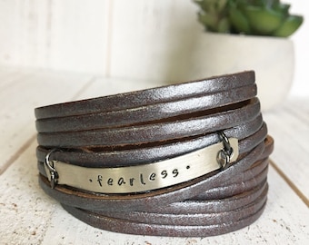 FEARLESS Metallic Pewter Leather Double Wrap Adjustable Bracelet