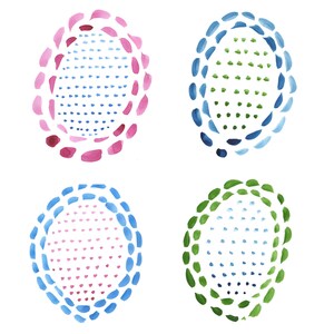 May include: Four watercolor circles with a dotted pattern inside. The circles are outlined in pink, blue, and green.