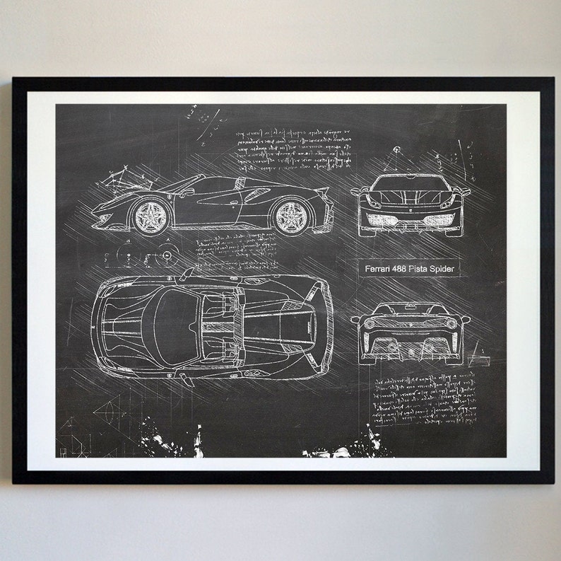Ferrari 488 Pista Spider 2018 Present Da Vinci Sketch Art Print Blueprint Patent Prints Posters Art Car Art Cars 759
