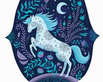 Cheval bleu la nuit, forêt et fleurs, affiche illustrée, décoration murale