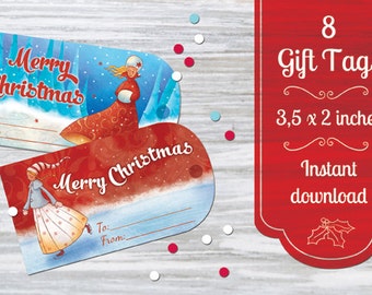 Merry Christmas Gift Tags, Instant download, Winter, Meisje, Schaatsen, Rood, Vakantie