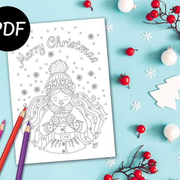 PDF Colouring Christmas Card, Merry Christmas - Carte à colorier en PDF, Joyeux Noël