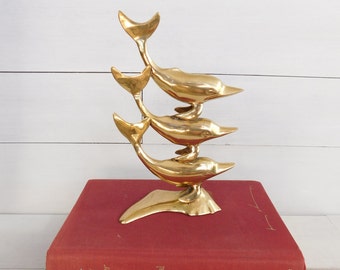 Vintage Brass Dolphins Figurine Statue, Coastal Decor, Hollywood Regency