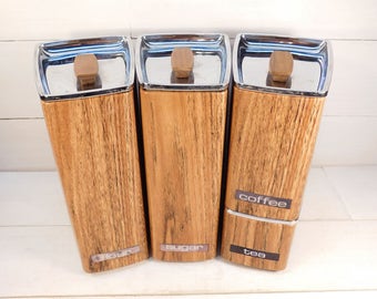 Mid Century Lincoln Beautyware Wood Canister Set, Kitchen Storage, Metal Stacking Canisters