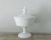 Vintage Fenton Silver Crest Pedestal Lidded Bowl - Cottage - Fenton Milk Glass Footed Bowl - Farmhouse Decor