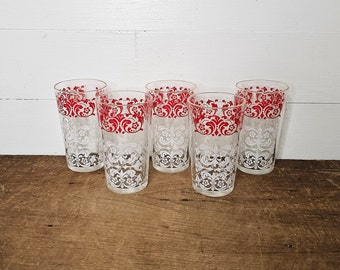 Vintage Red and White Fleur De Lis Scroll Drinking Glasses - Retro Kitchen