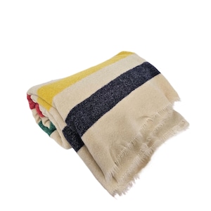 May include: A folded striped blanket with a cream background and stripes of yellow, red, green, and navy blue. The blanket has a fringed edge.
