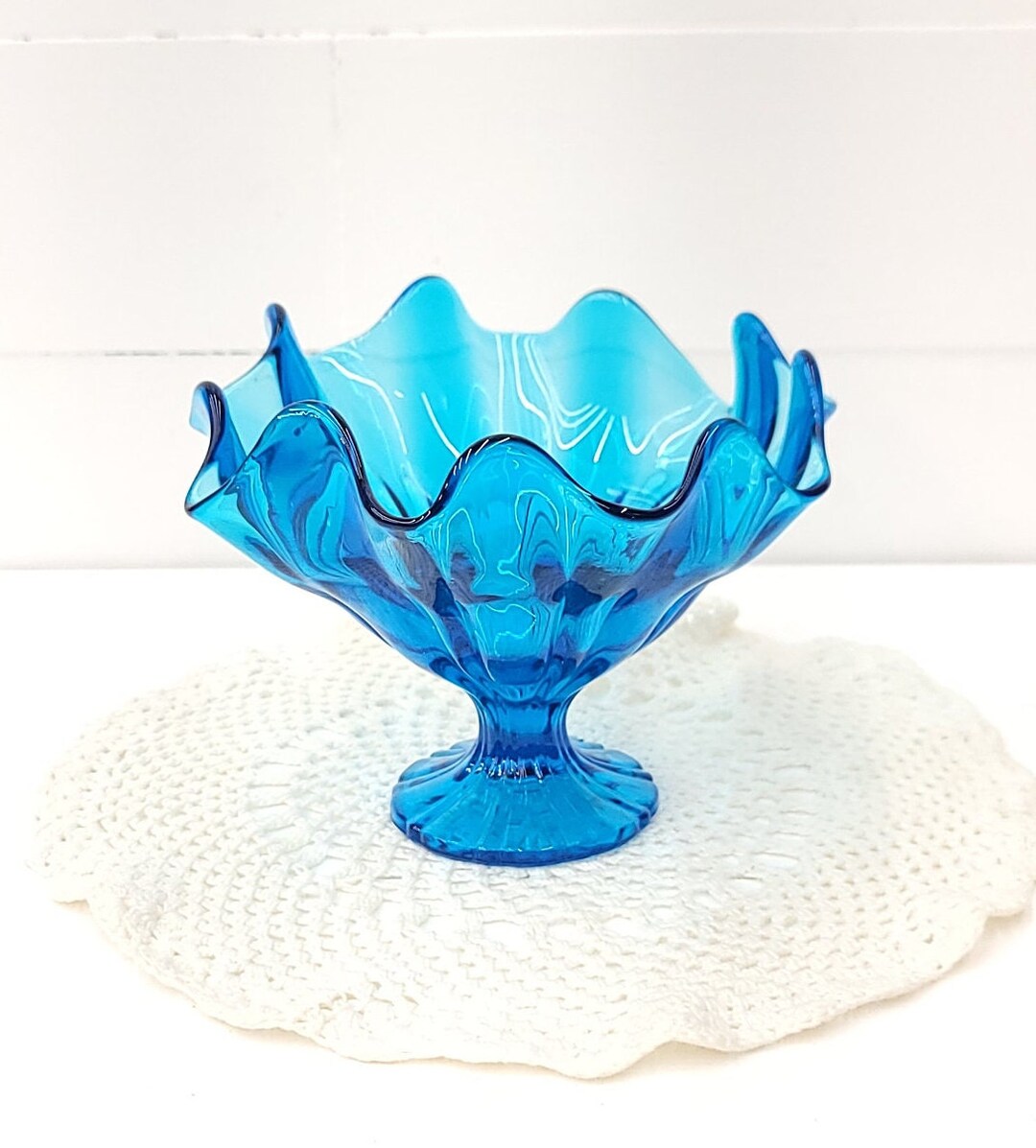 Mid Century Blue Glass Pedestal Bowl Scalloped Glass Bowl Collectible