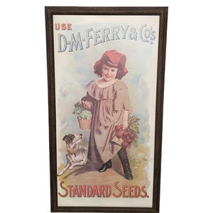 May include: Framed vintage advertisement for D.M. Ferry & Co. featuring a young girl in a red hat and dress, holding a basket of vegetables and a bunch of radishes. A dog sits at her feet. The text "STANDARD SEEDS" is at the bottom.
