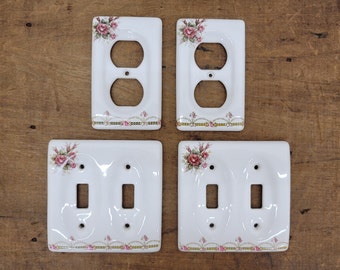 Vintage Porcelain Pink Roses Double Light Switch Plates and Outlet Plate Covers - Farmhouse Cottage