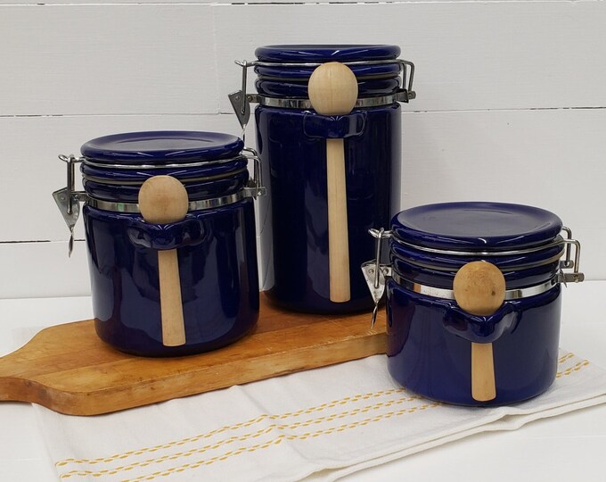 Vintage Cobalt Blue Canister Set With Wood Spoons Farmhouse Kitchen