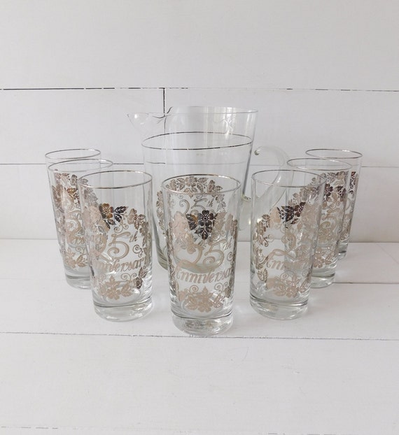 Vintage 25th Silver Anniversary Pitcher and Drinking Glasses Serving Set -  Etsy