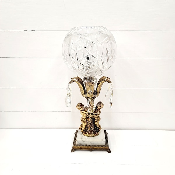 Vintage Hollywood Regency Crystal Cherub Table Lamp - Parlor Lamp - Gold Marble Crystals Table Lamp