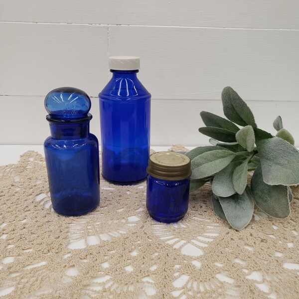 Vintage Collection Of Cobalt Blue Glass Jars - Collectible - Farmhouse Cottage Decor